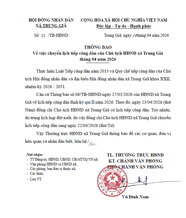 Thông báo chuyển lịch tiếp công dân của Chủ tịch HĐND xã tháng 04/2026- Ảnh 1.