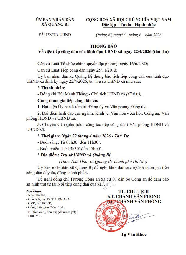 Lịch tiếp công dân của lãnh đạo UBND xã Quảng Bị ngày 22/4/2026 (thứ Tư)- Ảnh 1.