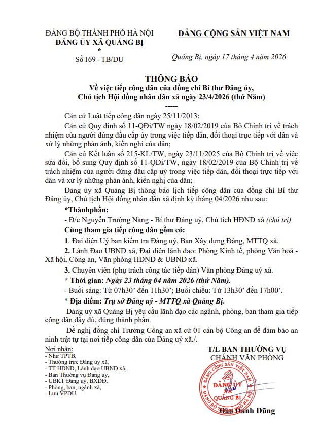 Lịch tiếp công dân của đồng chí Bí thư Đảng ủy, Chủ tịch HĐND xã Quảng Bị ngày 23/4/2026- Ảnh 1.