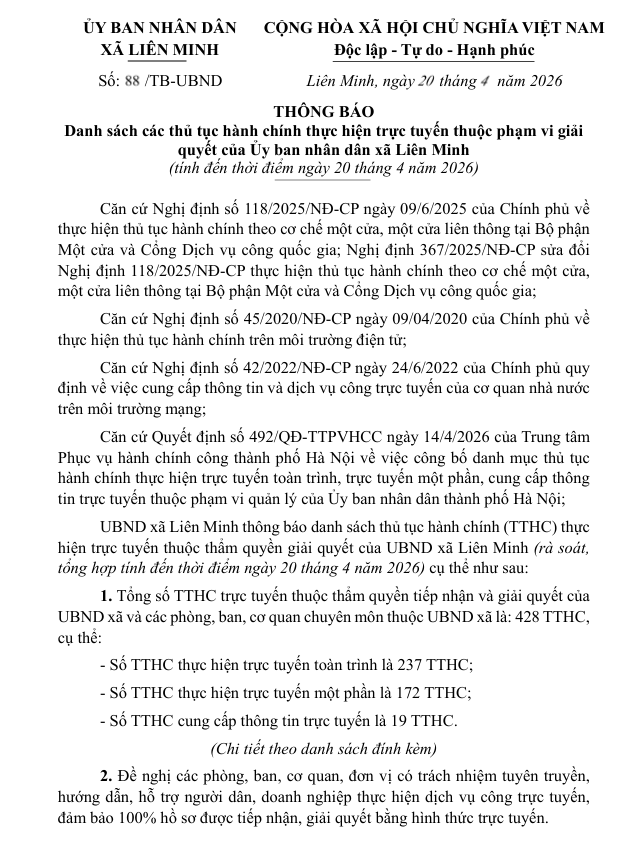 THÔNG BÁO: Danh sách TTHC trực tuyến thuộc thẩm quyền của UBND xã Liên Minh- Ảnh 1.