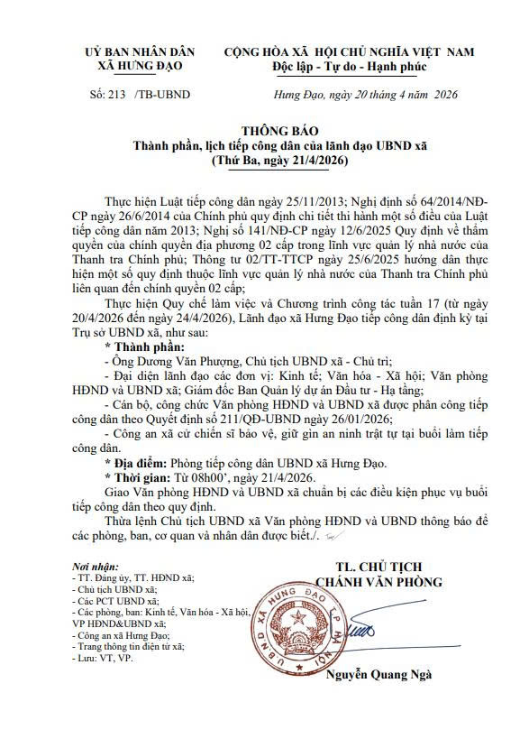 THÔNG BÁO
Thành phần, lịch tiếp công dân của lãnh đạo UBND xã
(Thứ Ba, ngày 21/4/2026)- Ảnh 1.