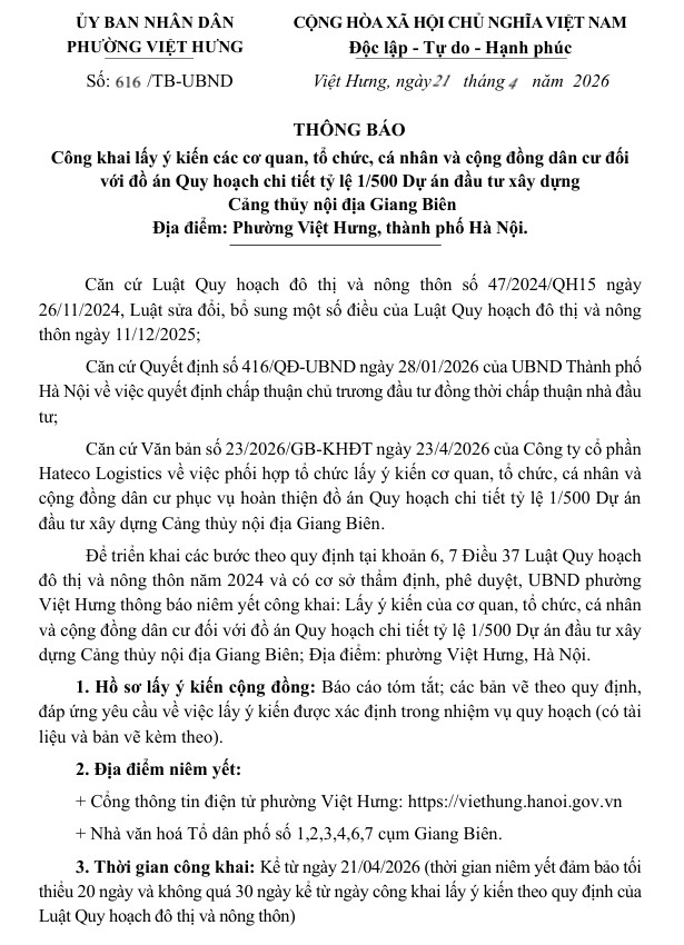 THÔNG BÁO: Đồ án Quy hoạch Dự án Cảng thủy nội địa Giang Biên- Ảnh 2.