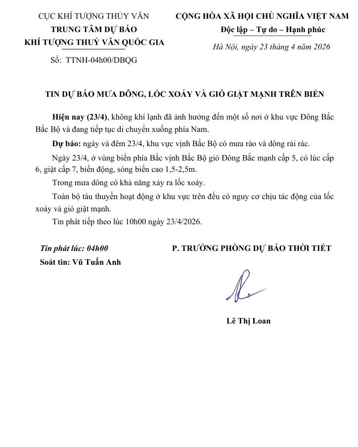 Trung tâm dự báo khí tượng thuỷ văn Quốc gia thông báo: tin gió mùa đông bắc và tin dự báo mưa dông, lốc xoáy và gió giật mạnh trên biển
- Ảnh 2.