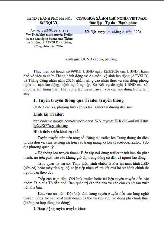 Phường Kim Liên: triển khai tuyên truyền Trailer và các hoạt động hưởng ứng Tháng  hành động về ATVSLĐ và Tháng Công nhân năm 2026.- Ảnh 1.