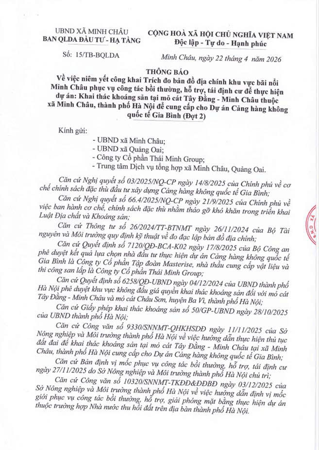 Thông báo của Ban QLDA Đầu tư - Hạ tầng xã Minh Châu: Về việc niêm yết công khai Trích đo bản đồ địa chính khu vực bãi nổi Minh Châu.- Ảnh 1.