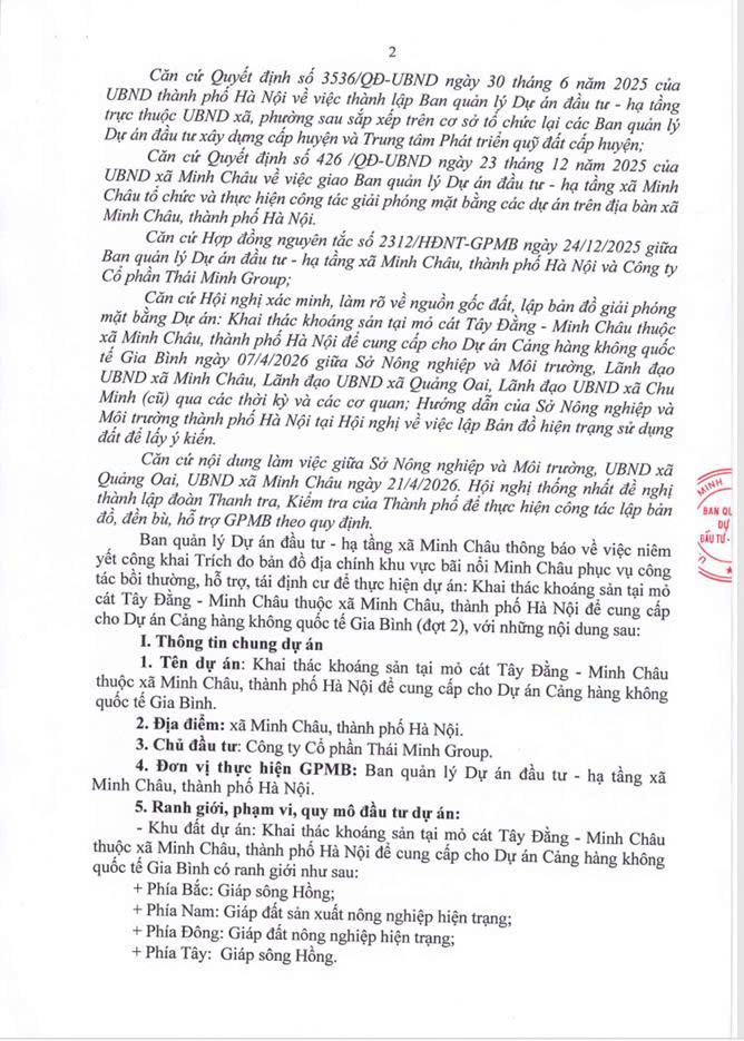 Thông báo của Ban QLDA Đầu tư - Hạ tầng xã Minh Châu: Về việc niêm yết công khai Trích đo bản đồ địa chính khu vực bãi nổi Minh Châu.- Ảnh 2.