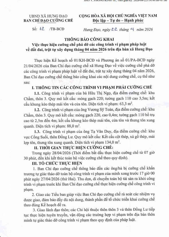 THÔNG BÁO CÔNG KHAI
Việc thực hiện cưỡng chế phá dỡ các công trình vi phạm pháp luật về đất đai, trật tự xây dựng tháng 04 năm 2026 trên địa bàn xã Hưng Đạo- Ảnh 1.