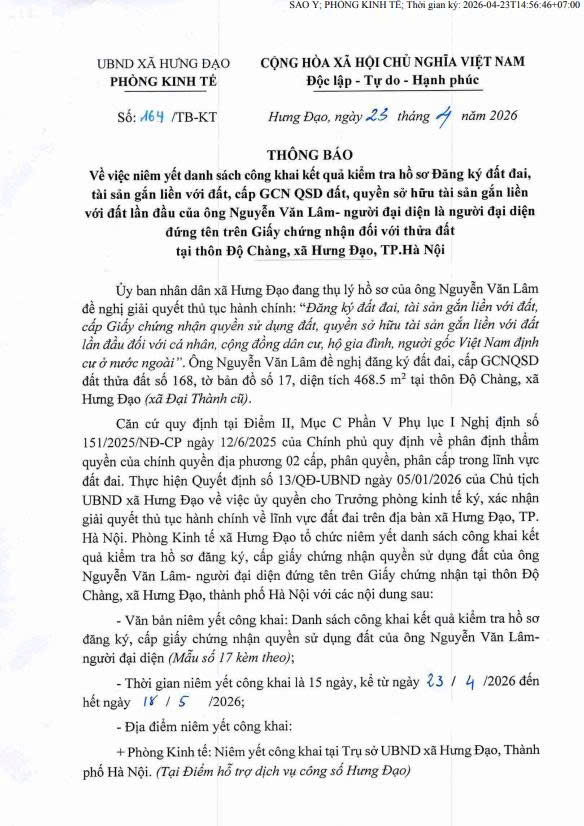 THÔNG BÁO
Về việc niêm yết công khai kết quả kiểm tra hồ sơ Đăng ký đất đai, tài sản gắn liền với đất, cấp GCN QSD đất cho ông Nguyễn Văn Lâm- Ảnh 1.