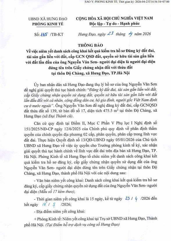 THÔNG BÁO Về việc niêm yết công khai kết quả kiểm tra hồ sơ Đăng ký đất đai, tài sản gắn liền với đất, cấp GCN QSD đất cho ông Nguyễn Văn Sơn- Ảnh 1.