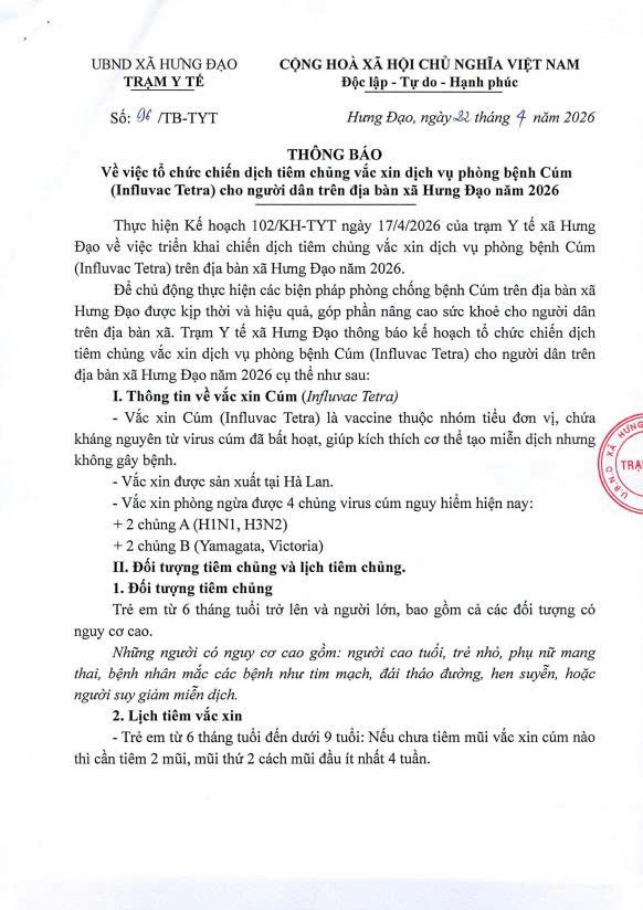 THÔNG BÁO
Về việc tổ chức chiến dịch tiêm chủng vắc xin dịch vụ phòng bệnh Cúm (Influvac Tetra) cho người dân trên địa bàn xã Hưng Đạo năm 2026- Ảnh 1.