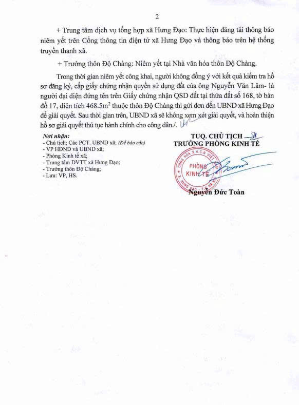 THÔNG BÁO
Về việc niêm yết công khai kết quả kiểm tra hồ sơ Đăng ký đất đai, tài sản gắn liền với đất, cấp GCN QSD đất cho ông Nguyễn Văn Lâm- Ảnh 2.