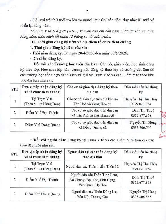 THÔNG BÁO
Về việc tổ chức chiến dịch tiêm chủng vắc xin dịch vụ phòng bệnh Cúm (Influvac Tetra) cho người dân trên địa bàn xã Hưng Đạo năm 2026- Ảnh 2.