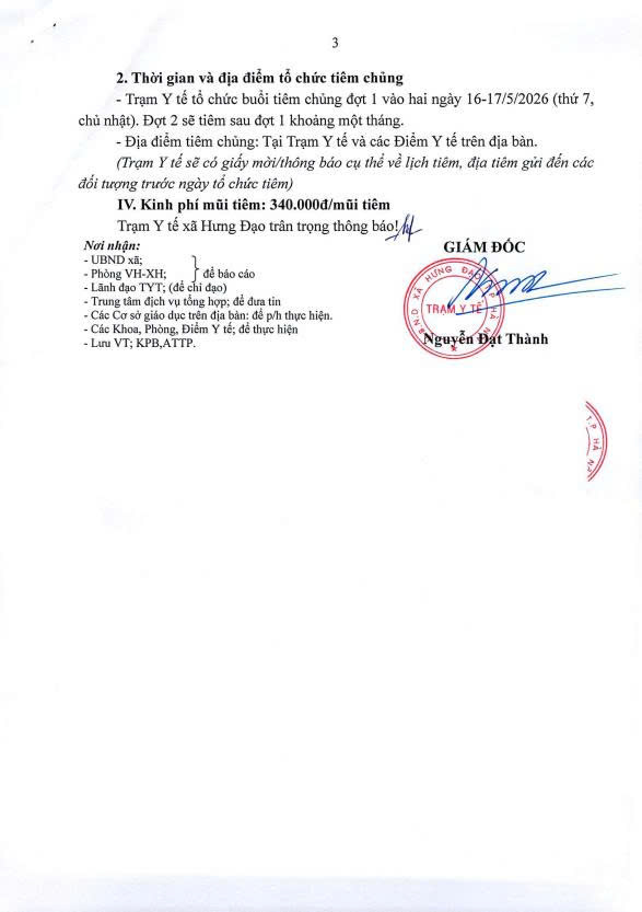 THÔNG BÁO
Về việc tổ chức chiến dịch tiêm chủng vắc xin dịch vụ phòng bệnh Cúm (Influvac Tetra) cho người dân trên địa bàn xã Hưng Đạo năm 2026- Ảnh 3.