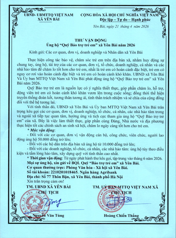 THƯ VẬN ĐỘNG ỦNG HỘ "QUỸ BẢO TRỢ TRẺ EM" XÃ YÊN BÀI NĂM 2026- Ảnh 1.