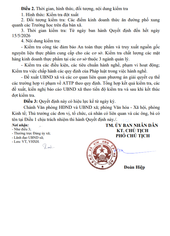 QUYẾT ĐỊNH THÀNH LẬP ĐOÀN KIỂM TRA LIÊN NGÀNH "THÁNG HÀNH ĐỘNG VÌ AN TOÀN THỰC PHẨM" TRÊN ĐỊA BÀN XÃ KIM ANH NĂM 2026- Ảnh 2.