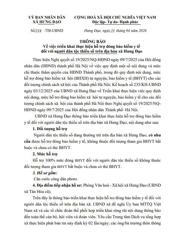 Thông báo
Về việc triển khai thực hiện hỗ trợ đóng bảo hiểm y tế đối với người dân tộc thiểu số trên địa bàn xã Hưng Đạo- Ảnh 1.