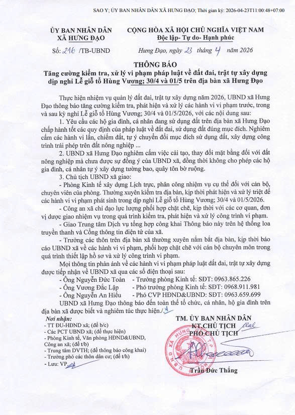 THÔNG BÁO Tăng cường kiểm tra, xử lý vi phạm pháp luật về đất đai, trật tự XD dịp nghỉ lễ giỗ tổ Hùng Vương; 30/4 và 01/5 trên địa bàn xã Hưng Đạo- Ảnh 1.