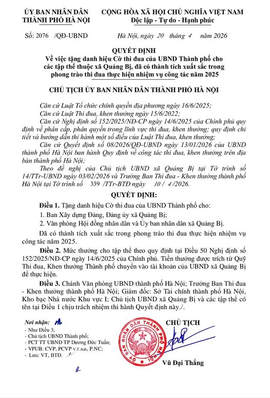 Quảng Bị: 2 tập thể được UBND thành phố Hà Nội tặng Cờ thi đua- Ảnh 1.