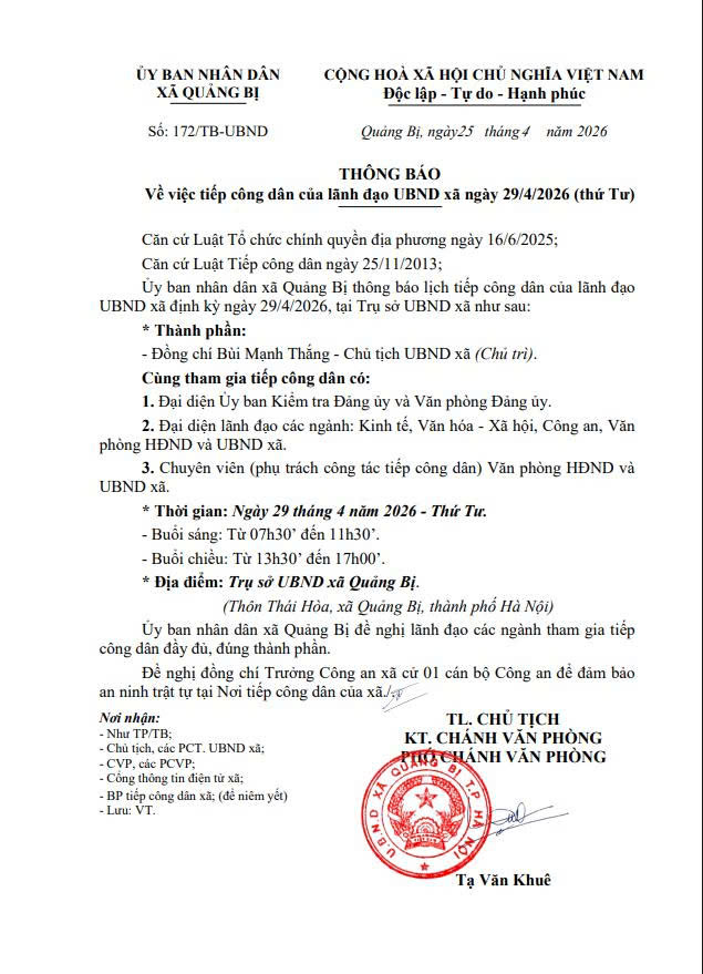 Lịch tiếp công dân của Lãnh đạo UBND xã Quảng Bị ngày 29/4/2026- Ảnh 1.