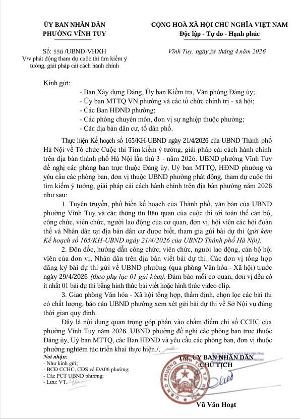 Phường Vĩnh Tuy phát động tham dự cuộc thi tìm kiếm ý tưởng, giải pháp cải cách hành chính năm 2026- Ảnh 1.