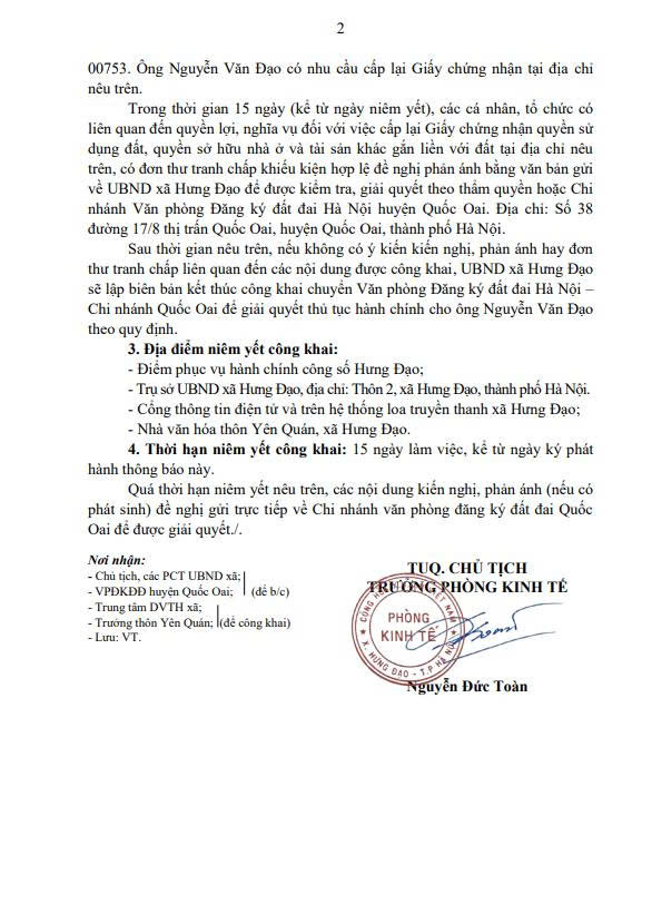 THÔNG BÁO
Niêm yết công khai về việc mất giấy chứng nhận quyền sử dụng đất của hộ ông Nguyễn Văn Đạo, tại thôn Yên Quán, xã Hưng Đạo, TP Hà Nội- Ảnh 2.