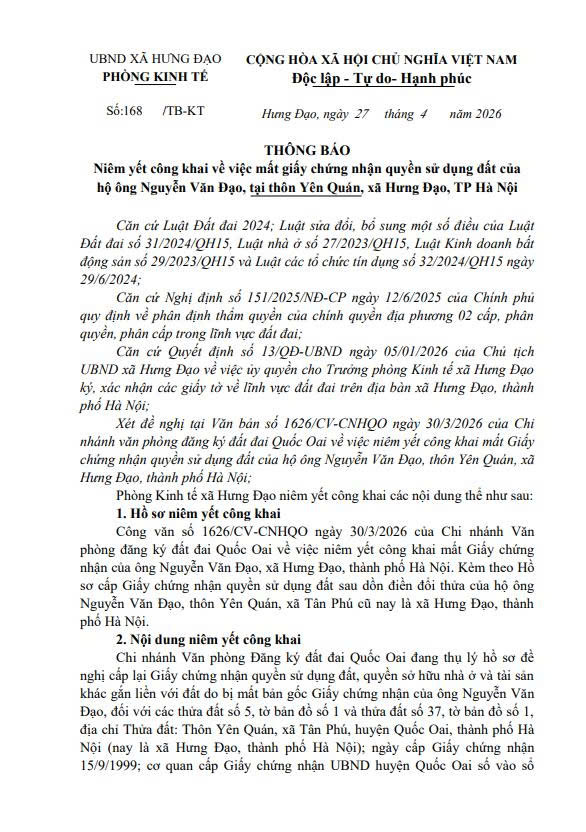 THÔNG BÁO
Niêm yết công khai về việc mất giấy chứng nhận quyền sử dụng đất của hộ ông Nguyễn Văn Đạo, tại thôn Yên Quán, xã Hưng Đạo, TP Hà Nội- Ảnh 1.