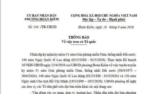 Treo cờ Tổ quốc nhân dịp kỷ niệm 51 năm Ngày Giải phóng miền Nam, thống nhất Đất nước (30/4/1975 - 30/4/2026); 140 năm Ngày Quốc tế lao động (01/5/1886 - 01/5/2026) và 136 năm Ngày sinh Chủ tịch Hồ Chí Minh (19/5/1890 - 19/5/2026)