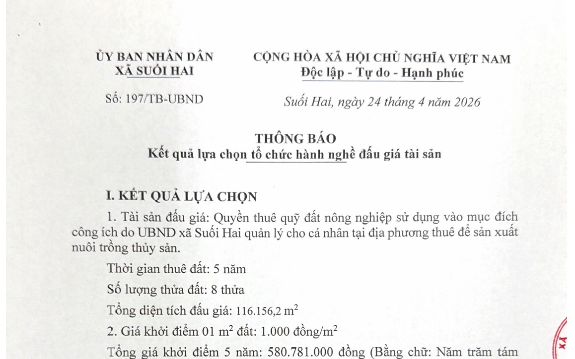 UBND xã Suối Hai thông báo kết quả lựa chọn tổ chức hành nghề đấu giá tài sản