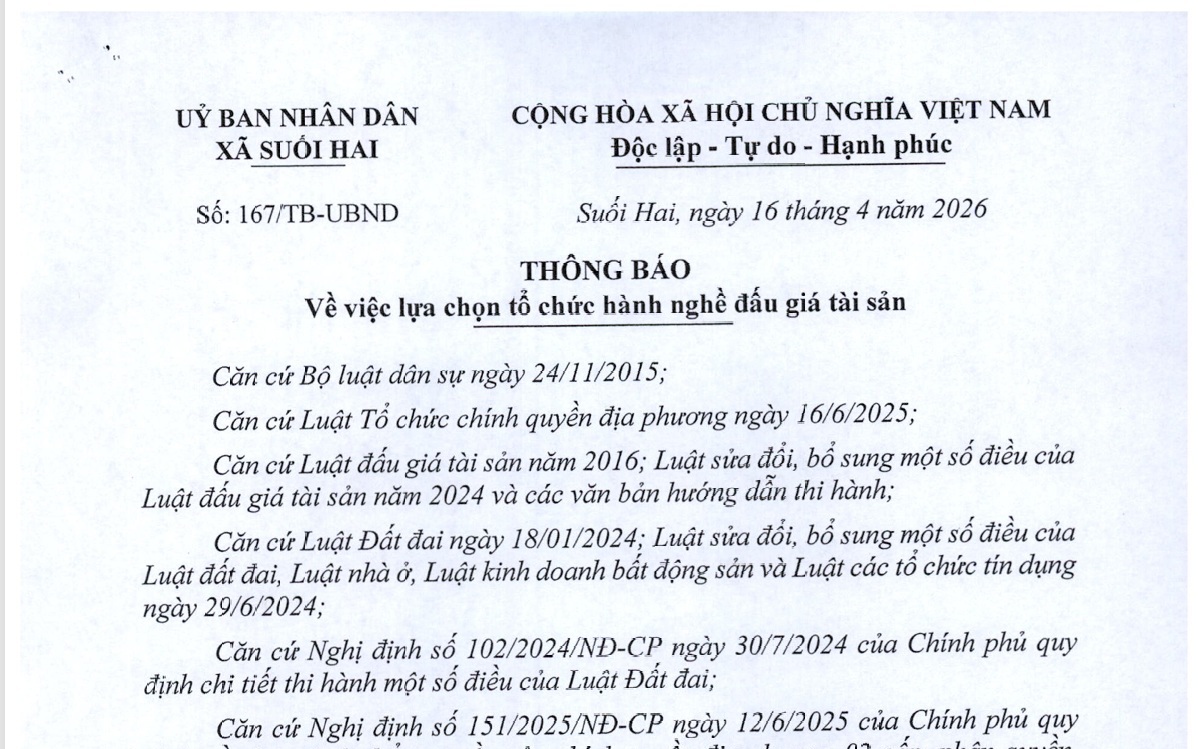 Xã Suối Hai thông báo lựa chọn tổ chức hành nghề đấu giá tài sản

