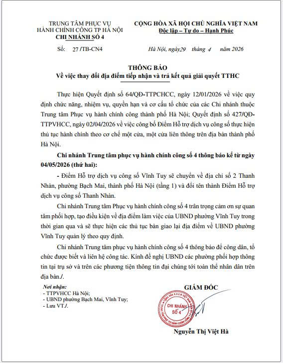 Thông báo thay đổi địa điểm tiếp nhận và trả kết quả giải quyết TTHC trên địa bàn phường Vĩnh Tuy- Ảnh 1.