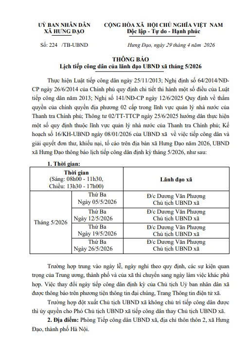 Lịch tiếp công dân của lãnh đạo UBND xã Hưng Đạo tháng 5/2026- Ảnh 1.