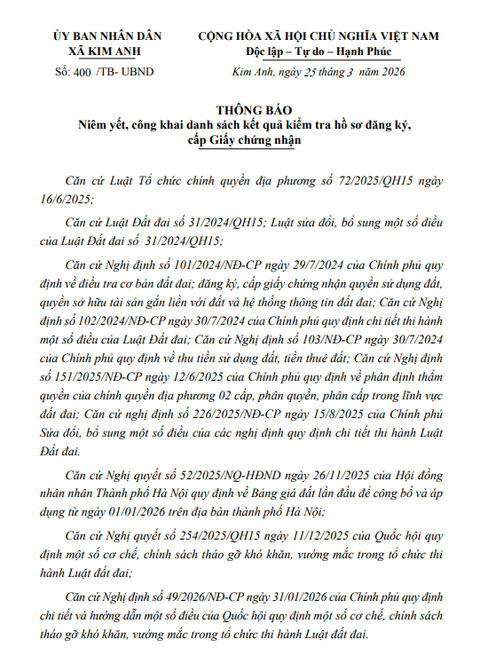 Thông báo niêm yết, công khai danh sách kết quả kiểm tra hồ sơ đăng ký, cấp Giấy chứng nhận quyền sử dụng đất của ông Nguyễn Văn Nối tại thôn Phú Hạ, xã Kim Anh, thành phố Hà Nội
- Ảnh 1.