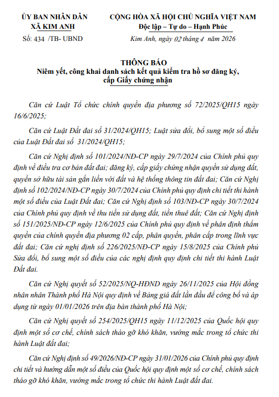 Thông báo niêm yết, công khai danh sách kết quả kiểm tra hồ sơ đăng ký, cấp Giấy chứng nhận của ông Nguyễn Văn Quang tại thôn Xuân Áp, xã Kim Anh, thành phố Hà Nội- Ảnh 1.