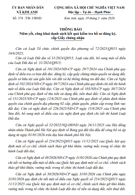 Thông báo niêm yết, công khai danh sách kết quả kiểm tra hồ sơ đăng ký, cấp Giấy chứng nhận của bà Dương Thị Ngát tại thôn Thanh Trí, xã Kim Anh, thành phố Hà Nội- Ảnh 1.