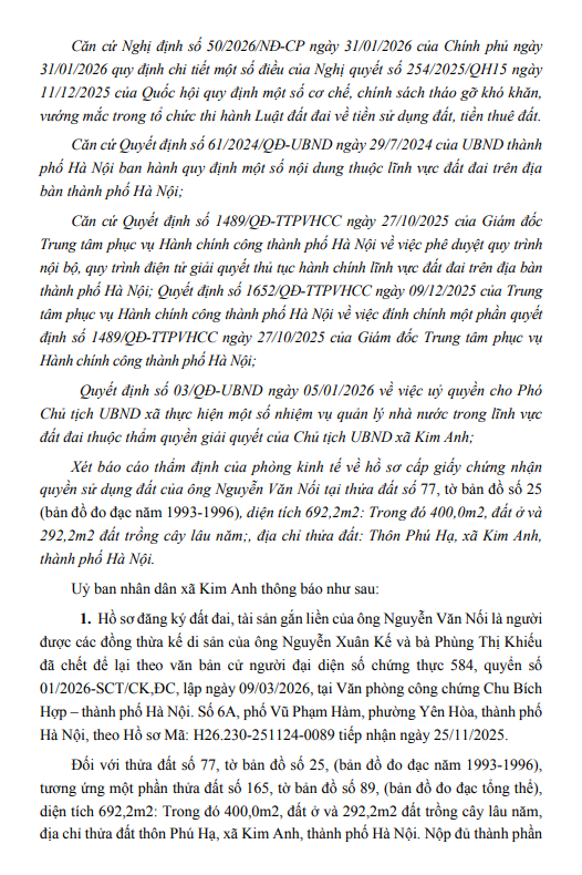 Thông báo niêm yết, công khai danh sách kết quả kiểm tra hồ sơ đăng ký, cấp Giấy chứng nhận quyền sử dụng đất của ông Nguyễn Văn Nối tại thôn Phú Hạ, xã Kim Anh, thành phố Hà Nội
- Ảnh 2.
