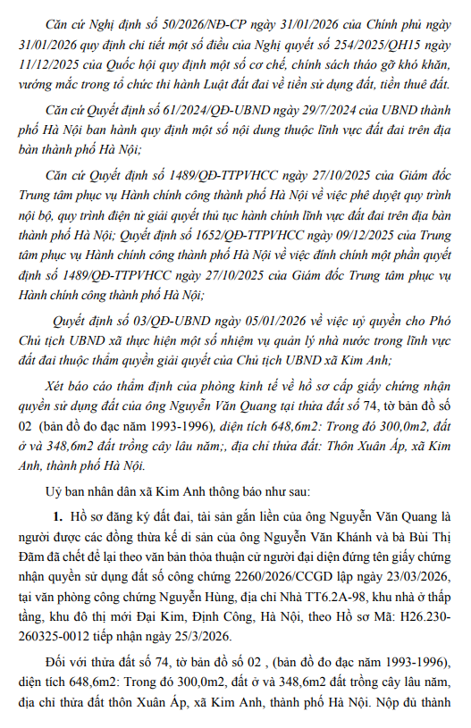 Thông báo niêm yết, công khai danh sách kết quả kiểm tra hồ sơ đăng ký, cấp Giấy chứng nhận của ông Nguyễn Văn Quang tại thôn Xuân Áp, xã Kim Anh, thành phố Hà Nội- Ảnh 2.