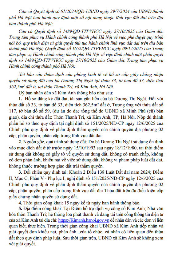 Thông báo niêm yết, công khai danh sách kết quả kiểm tra hồ sơ đăng ký, cấp Giấy chứng nhận của bà Dương Thị Ngát tại thôn Thanh Trí, xã Kim Anh, thành phố Hà Nội- Ảnh 2.