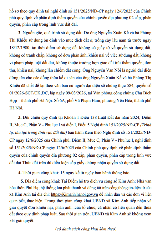 Thông báo niêm yết, công khai danh sách kết quả kiểm tra hồ sơ đăng ký, cấp Giấy chứng nhận quyền sử dụng đất của ông Nguyễn Văn Nối tại thôn Phú Hạ, xã Kim Anh, thành phố Hà Nội
- Ảnh 3.