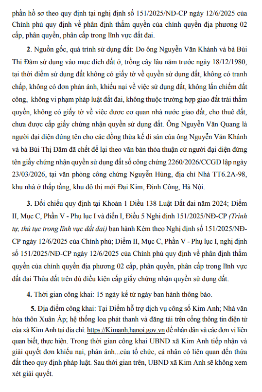 Thông báo niêm yết, công khai danh sách kết quả kiểm tra hồ sơ đăng ký, cấp Giấy chứng nhận của ông Nguyễn Văn Quang tại thôn Xuân Áp, xã Kim Anh, thành phố Hà Nội- Ảnh 3.