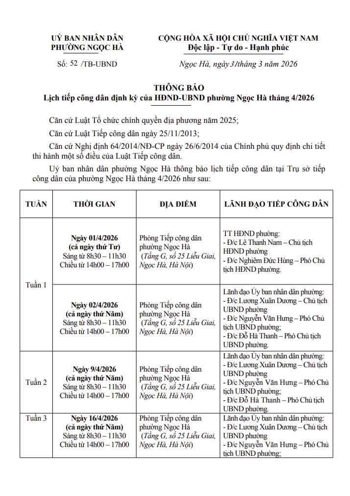 Lịch tiếp công dân định kỳ của HĐND-UBND phường Ngọc Hà tháng 4/2026- Ảnh 1.