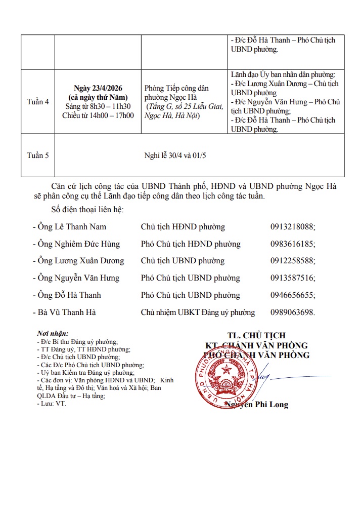 Lịch tiếp công dân định kỳ của HĐND-UBND phường Ngọc Hà tháng 4/2026- Ảnh 2.