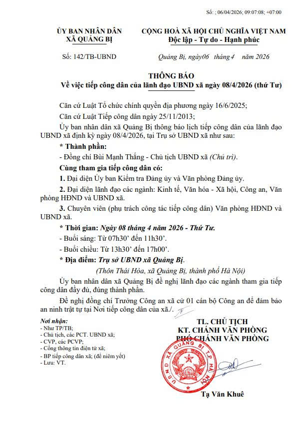 Lịch tiếp công dân ngày 08/4/2026 của Lãnh đạo UBND xã- Ảnh 1.