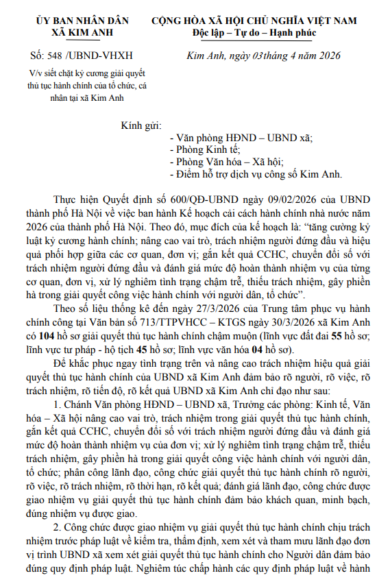 Văn bản về việc siết chặt kỷ cương giải quyết thủ tục hành chính của tổ chức, cá nhân tại xã Kim Anh- Ảnh 1.