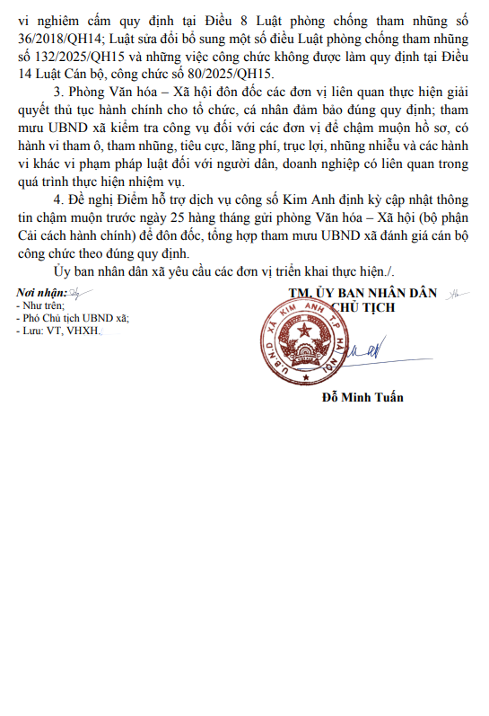Văn bản về việc siết chặt kỷ cương giải quyết thủ tục hành chính của tổ chức, cá nhân tại xã Kim Anh- Ảnh 2.