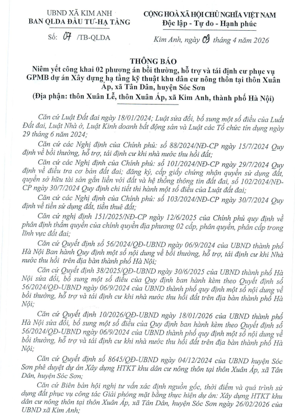 Thông báo niêm yết công khai 02 phương án bồi thường, hỗ trợ tái định cư phục vụ GPMB dự án Xây dựng hạ tầng kỹ thuật khu dân cư nông thôn- Ảnh 1.