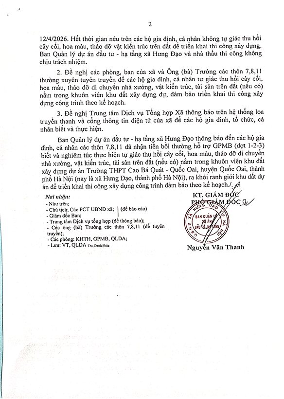 THÔNG BÁO
Về việc thu dọn cây cối, hoa màu, tài sản, vật kiến trúc trên đất thuộc dự án: Trường THPT Cao Bá Quát - Quốc Oai, huyện Quốc Oai, thành phố Hà Nội. (nay là xã Hưng Đạo, thành phố Hà Nội)- Ảnh 2.