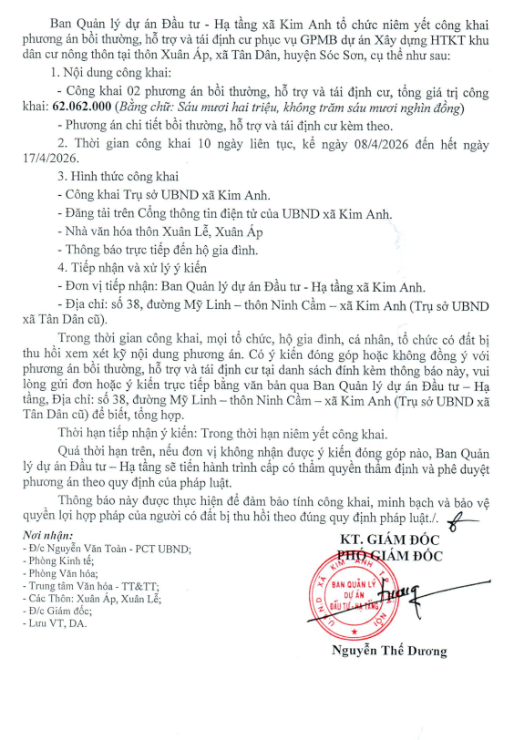 Thông báo niêm yết công khai 02 phương án bồi thường, hỗ trợ tái định cư phục vụ GPMB dự án Xây dựng hạ tầng kỹ thuật khu dân cư nông thôn- Ảnh 2.