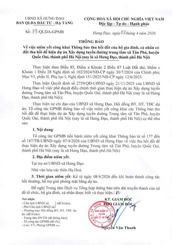 THÔNG BÁO
Về việc niêm yết công khai Thông báo thu hồi đất của các hộ gia đình, cá nhân có đất thu hồi để thực hiện dự án: Xây dựng tuyến đường Trung tâm xã Tân Phú nay xã Hưng Đạo- Ảnh 1.