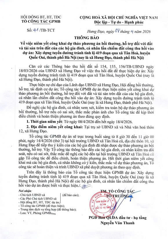 THÔNG BÁO Về việc niêm yết công khai dự thảo phương án chi tiết BT, HT đối với đất và tài sản trên đất của các HGĐ, cá nhân lấn chiếm đất công thu hồi dự án Xây dựng tuyến đường tránh tỉnh lộ 419 qua xã Tân Hòa- Ảnh 1.