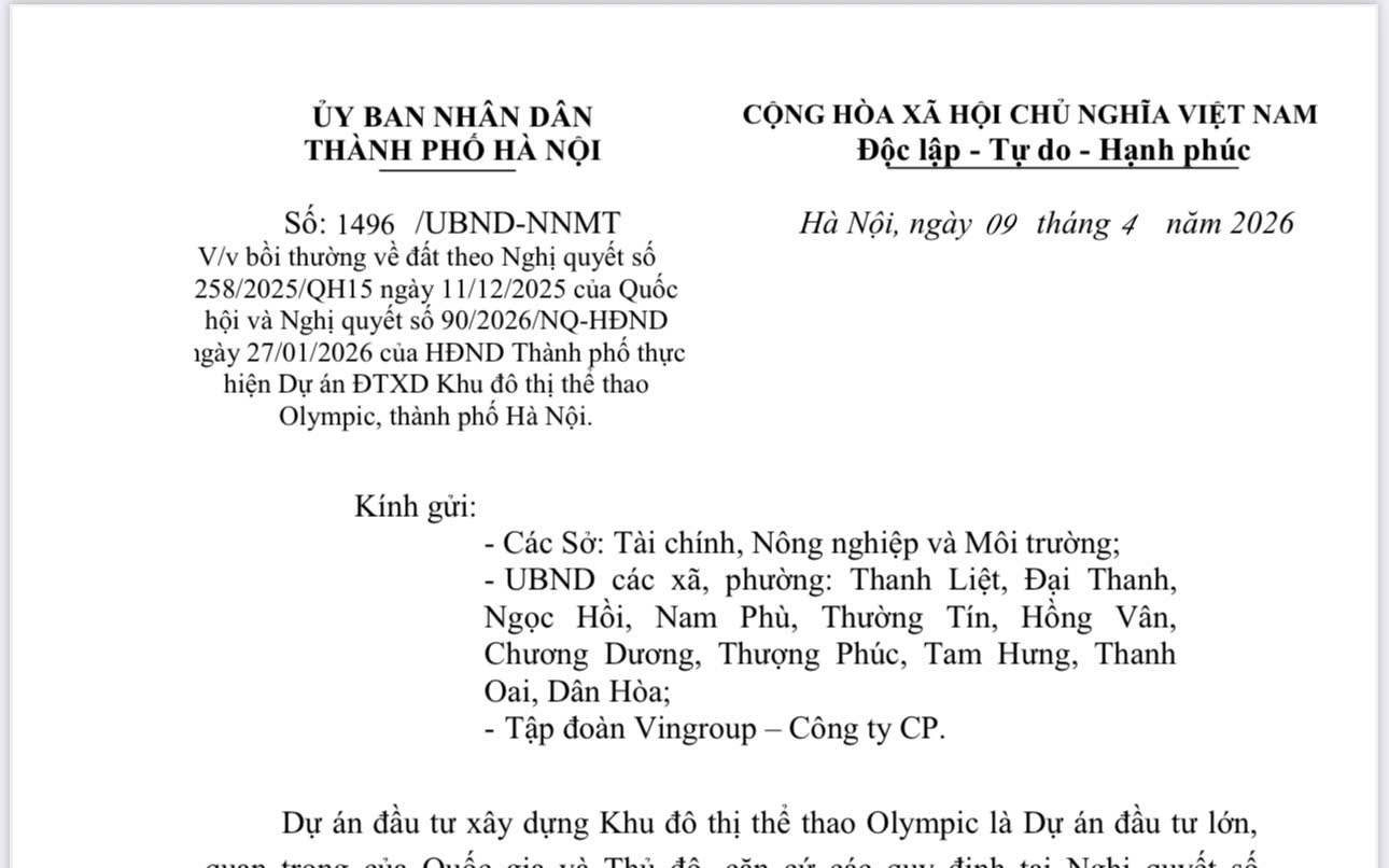 Hà Nội thống nhất áp dụng hệ số bồi thường đất K=2, đẩy nhanh tiến độ dự án Khu đô thị thể thao Olympic